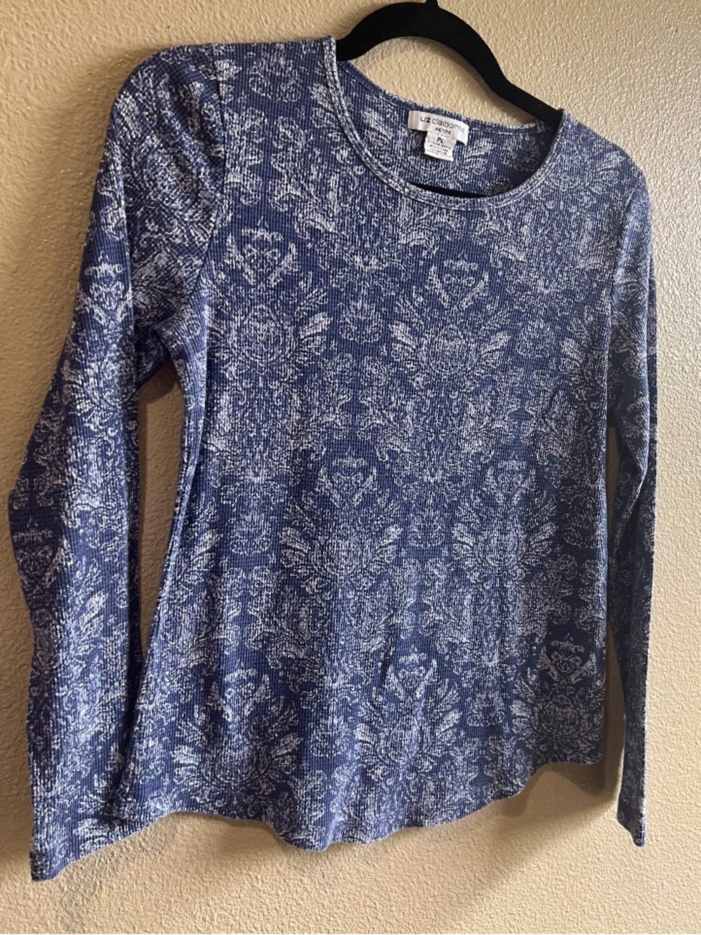 Liz Claiborne Blue Floral Long-Sleeve Top Fitted Tee Bella Swan Elena Gilbert PL